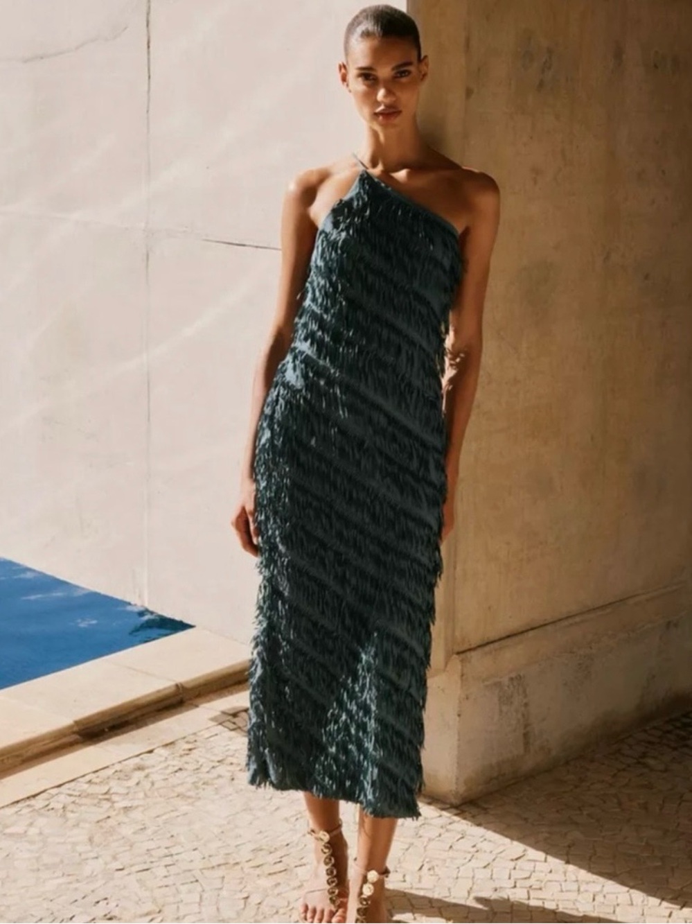 Zara One-Shoulder Teal Fringe Midi Dress
